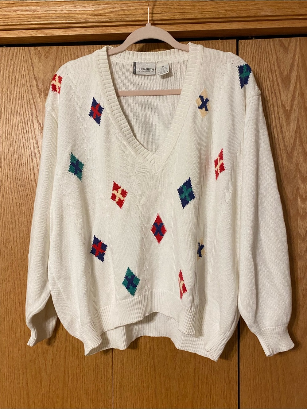 Vintage Claiborne Women’s White Cable-Knit Argyle Pullover Sweater 3 Petite